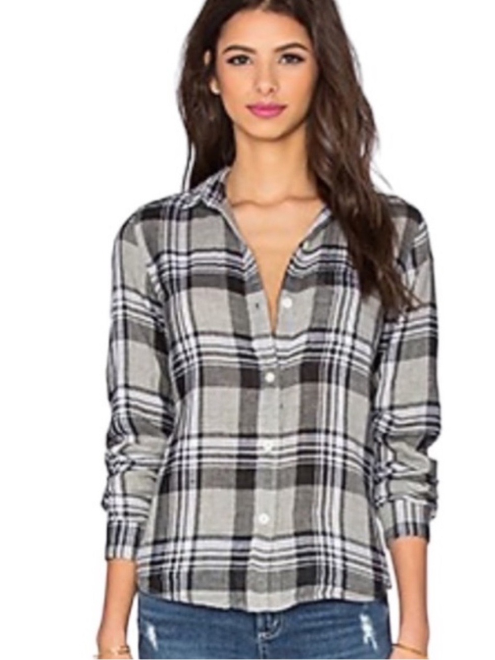 Current/Elliott The Slim Boy Fit Sugar Siesta Plaid Shirt sz 1 Small Black Gray